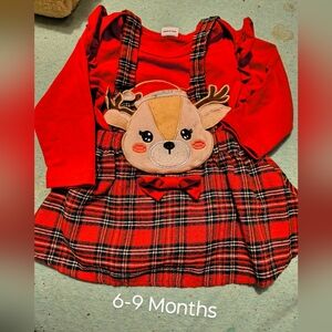 Red Plaid Baby Dress with Reindeer Design